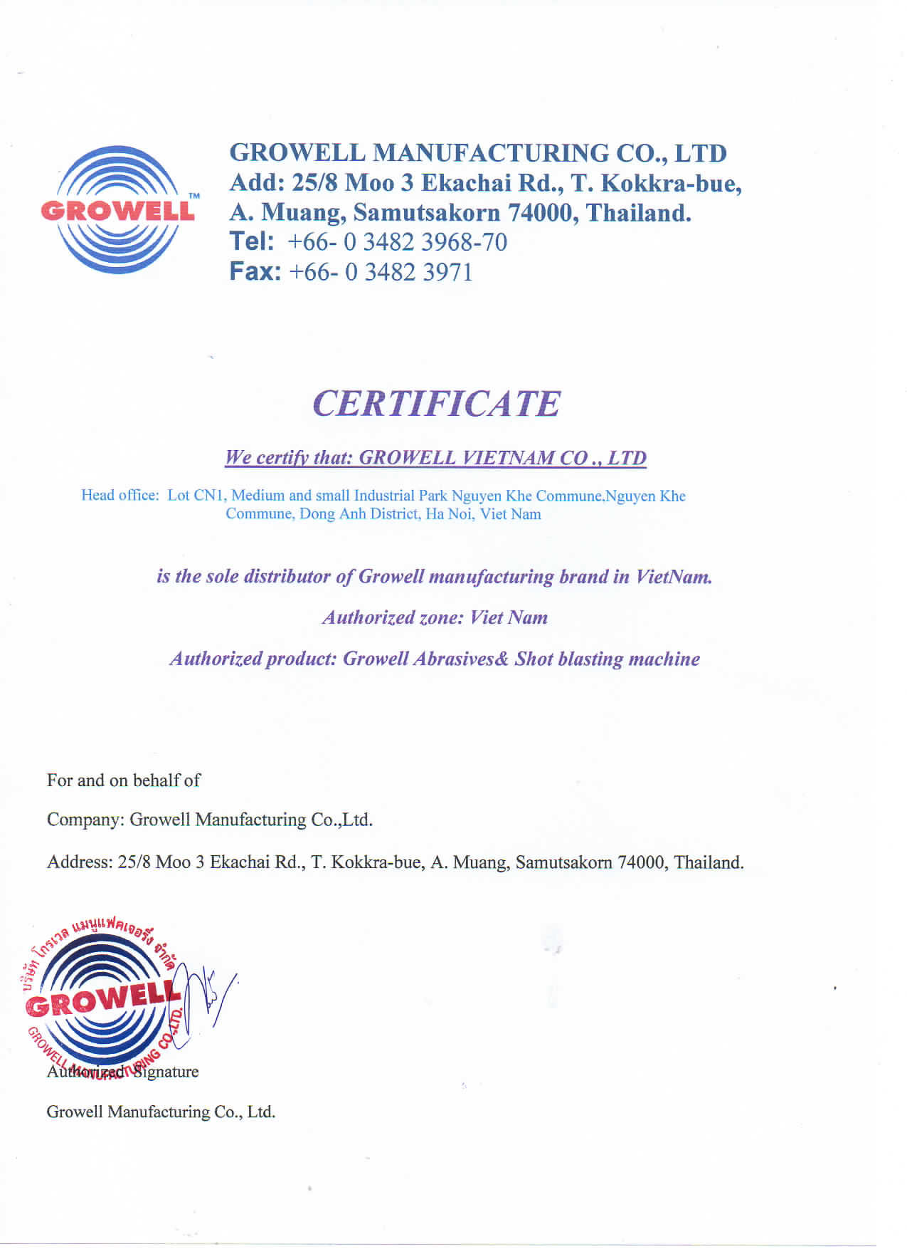 Certificate Growell