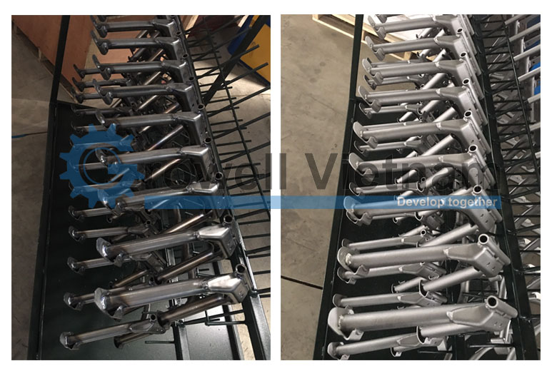 Outrigger motorcycles before and after cleaned by shot blasting method